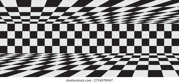 Fundo xadrez 3D abstrato com perspectiva de ilusão óptica. Perfeito para projetos de design retro, psicodélico ou moderno.