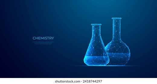 Abstract 3D chemistry lab tube. Science, medical, education concepts. Chemical beaker and flask. Laboratory signs. Digital technology futuristic style. Polygonal vector illustration on blue background