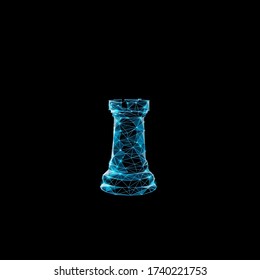 Abstract 3d chess piece rook isolated in black background. Low poly mesh illustration consisting of blue lines and dots looks like starry sky. Digital vector wireframe of chess game concept 
