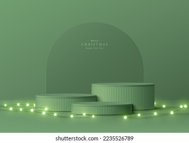 Abstract 3D christmas background with realistic green cylinder pedestal podium, Neon bulb light decorate. New year minimal wall scene mockup product display. Vector geometric forms. Stage showcase.