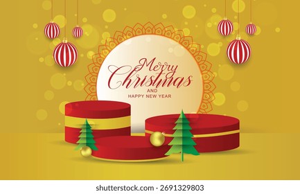 Fondo Abstractas de Navidades 3D con podio de producto de soporte redondo rojo realista. Escaparate del escenario de Navidades alegres