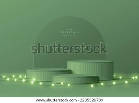 Abstract 3D christmas background with realistic green cylinder pedestal podium, Neon bulb light decorate. New year minimal wall scene mockup product display. Vector geometric forms. Stage showcase.