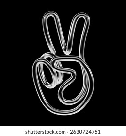 Abstrakte 3D-Chrom Hand machen Frieden Zeichen Geste, aus Metall gebogenen Rohr gebildet. Isolierte stilisierte Symbol im Y2K retrofuturistischen Stil mit jugendlicher und futuristischer Stimmung