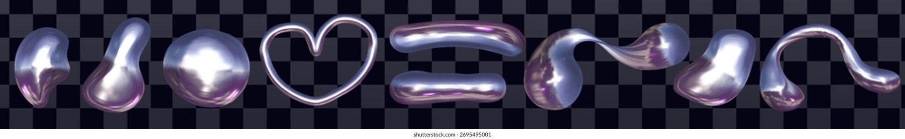 Abstractas corazón de cromo 3D con líneas fluidas suaves. Brillante forma de metal Y2K brilla con reflejos metálicos y elegante detalle de cromo 3D.
