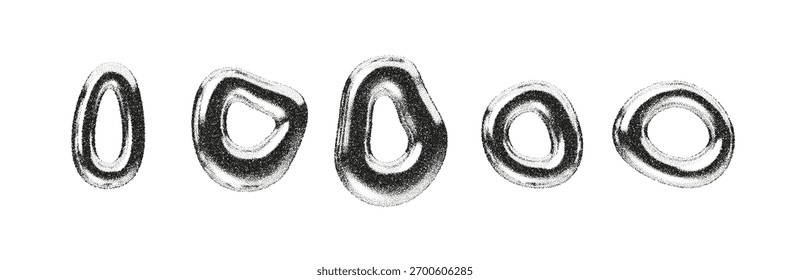 Formas Abstractas de cromo 3D con textura de grano y efecto de gradiente líquido. Elementos semitono metalizado en tonos plateados y negros. Diseño de Vector geométrico moderno para proyectos de arte futuristas o retro Y2K