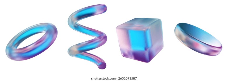 Abstract 3d circle, cube, spiral and ring shape from colorful glass or iridescent chromatic metal. Set of realistic vector object. Collection modern futuristic design elements.
