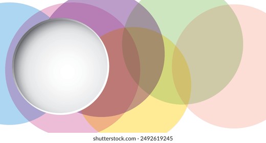Abstract 3D circle frame paper cut style at left area with pastel geometric shapes transparency overlap graphic illustrations.