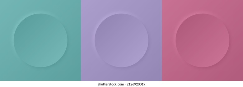 Abstract 3d circle frame. Set of green, purple, and pink border with shadow for cosmetic product. Template of empty scene in top view with copy space for cosmetic and beauty presentation. Vector.