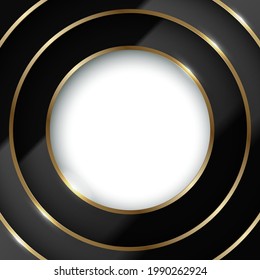 Abstract 3D circle papercut layer glossy black background with golden line. Gold vector frame layered header. White center for logo or picture