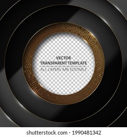 Abstract 3D circle papercut layered glossy black background with golden pattern layer and line. Gold vector frame header. Transparent center for logo or picture