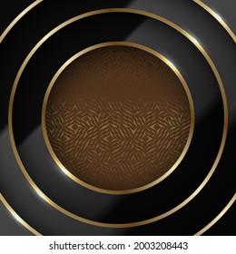 Abstract 3D circle papercut layered glossy black background with geometric golden pattern layer and gold line. Vector frame header. Bronze center for logo or picture