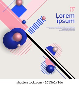Abstract 3D circles geometric elements with  blue and pink on white background minimal style. Vector illustration