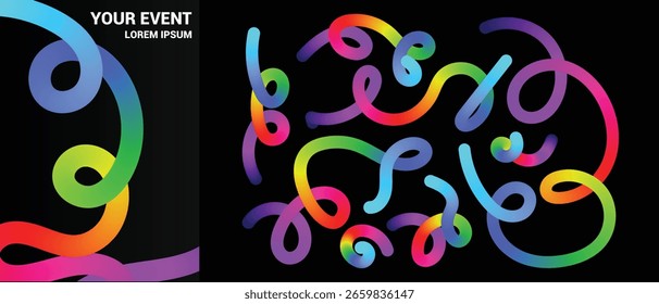 Formas de Linha de Cores 3D Abstratas. Padrão de ondas de gradiente em um plano de fundo preto. Espirais de cor ondulada fluida. Fitas de arco-íris giratório vetorial. Design de elementos gráficos fluidos coloridos. Estilo minimalista de rabisco 