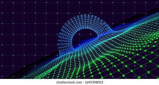 Abstract 3d color surface wave with merged torus. Futuristic digital wireframe style. Perspective wave grid with arch on dark background. Futuristic concept  3d arch like time portal, target of game .