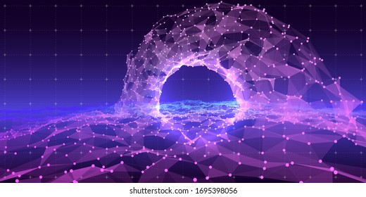 Abstract 3d color surface wave with merged torus. Futuristic digital wireframe style. Perspective wave grid with arch on dark background. Futuristic concept  3d arch like time portal, target of game .