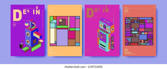 Abstract 3d colorful collage poster and cover design template. Cool geometric and retro background cover design.