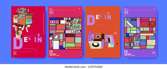 Abstract 3d colorful collage poster and cover design template. Cool geometric and retro background cover design.