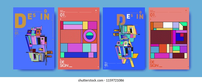 Abstract 3d colorful collage poster and cover design template. Cool geometric and retro background cover design.