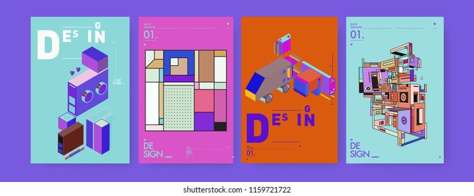 Abstract 3d colorful collage poster and cover design template. Cool geometric and retro background cover design.