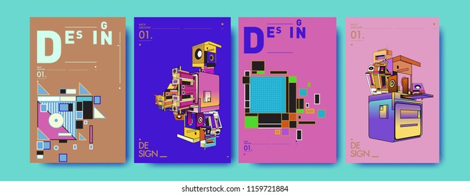 Abstract 3d colorful collage poster and cover design template. Cool geometric and retro background cover design.