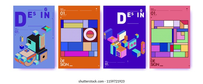 Abstract 3d colorful collage poster and cover design template. Cool geometric and retro background cover design.