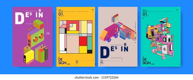 Abstract 3d colorful collage poster and cover design template. Cool geometric and retro background cover design.
