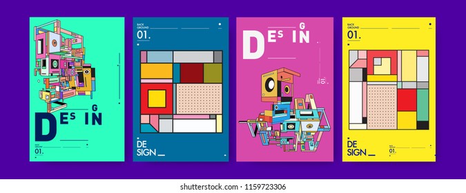Abstract 3d colorful collage poster and cover design template. Cool geometric and retro background cover design.