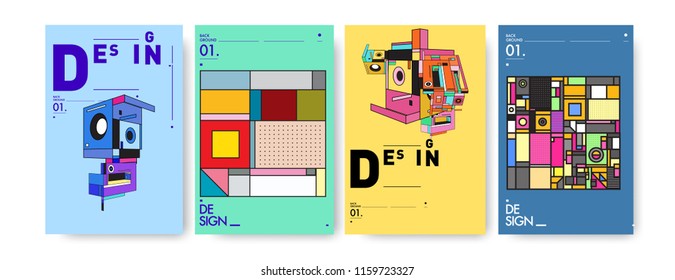 Abstract 3d colorful collage poster and cover design template. Cool geometric and retro background cover design.