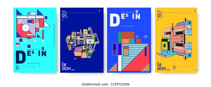 Abstract 3d colorful collage poster and cover design template. Cool geometric and retro background cover design.