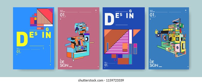 Abstract 3d colorful collage poster and cover design template. Cool geometric and retro background cover design.