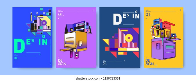 Abstract 3d colorful collage poster and cover design template. Cool geometric and retro background cover design.