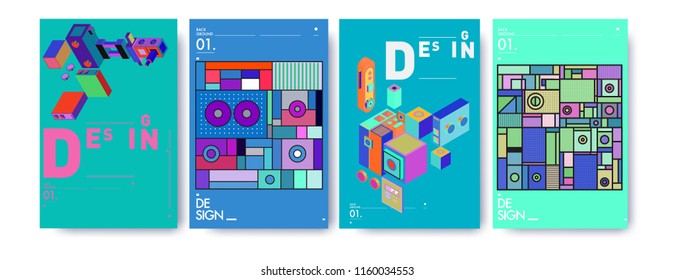 Abstract 3d colorful collage poster and cover design template. Cool geometric and retro background cover design.