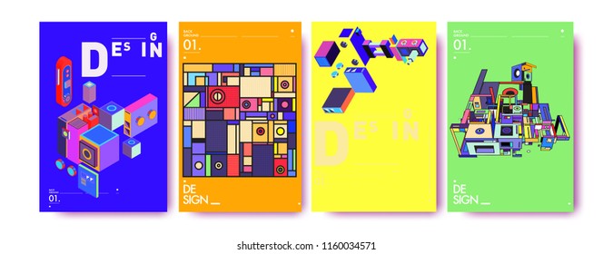 Abstract 3d colorful collage poster and cover design template. Cool geometric and retro background cover design.