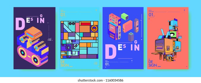 Abstract 3d colorful collage poster and cover design template. Cool geometric and retro background cover design.