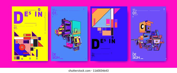 Abstract 3d colorful collage poster and cover design template. Cool geometric and retro background cover design.