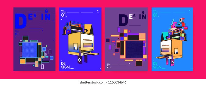 Abstract 3d colorful collage poster and cover design template. Cool geometric and retro background cover design.