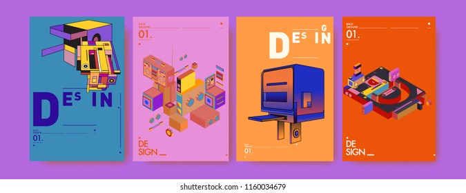 Abstract 3d colorful collage poster and cover design template. Cool geometric and retro background cover design.