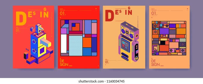 Abstract 3d colorful collage poster and cover design template. Cool geometric and retro background cover design.