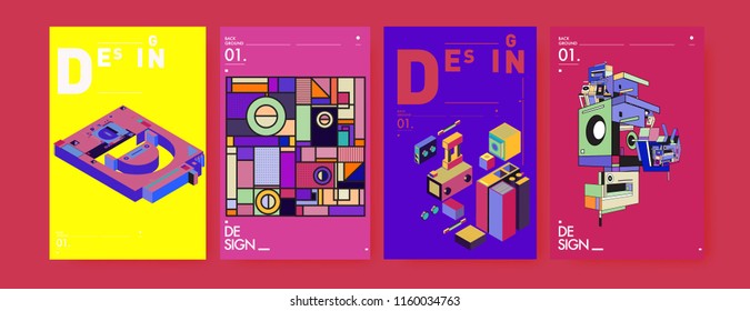 Abstract 3d colorful collage poster and cover design template. Cool geometric and retro background cover design.