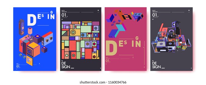 Abstract 3d colorful collage poster and cover design template. Cool geometric and retro background cover design.