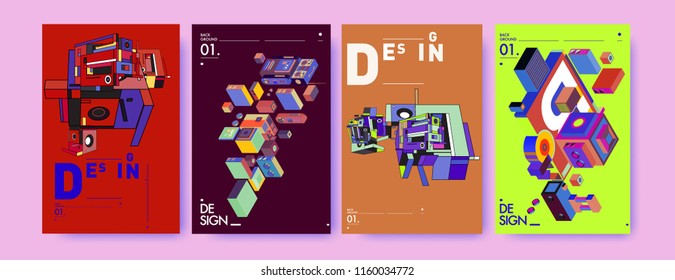 Abstract 3d colorful collage poster and cover design template. Cool geometric and retro background cover design.