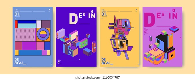 Abstract 3d colorful collage poster and cover design template. Cool geometric and retro background cover design.