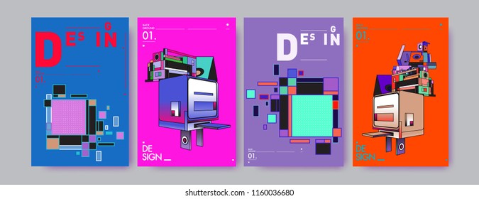 Abstract 3d colorful collage poster and cover design template. Cool geometric and retro background cover design.