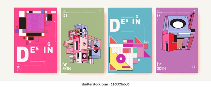 Abstract 3d colorful collage poster and cover design template. Cool geometric and retro background cover design.