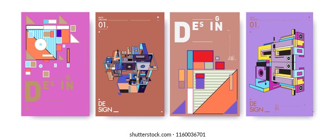 Abstract 3d colorful collage poster and cover design template. Cool geometric and retro background cover design.