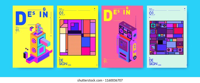 Abstract 3d colorful collage poster and cover design template. Cool geometric and retro background cover design.