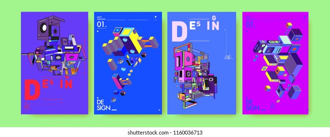 Abstract 3d colorful collage poster and cover design template. Cool geometric and retro background cover design.