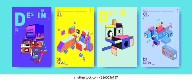 Abstract 3d colorful collage poster and cover design template. Cool geometric and retro background cover design.
