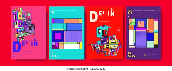 Abstract 3d colorful collage poster and cover design template. Cool geometric and retro background cover design.
