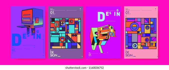Abstract 3d colorful collage poster and cover design template. Cool geometric and retro background cover design.